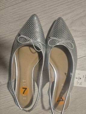 Esprit Silver Pointed Slingback Flats with Bow Accent